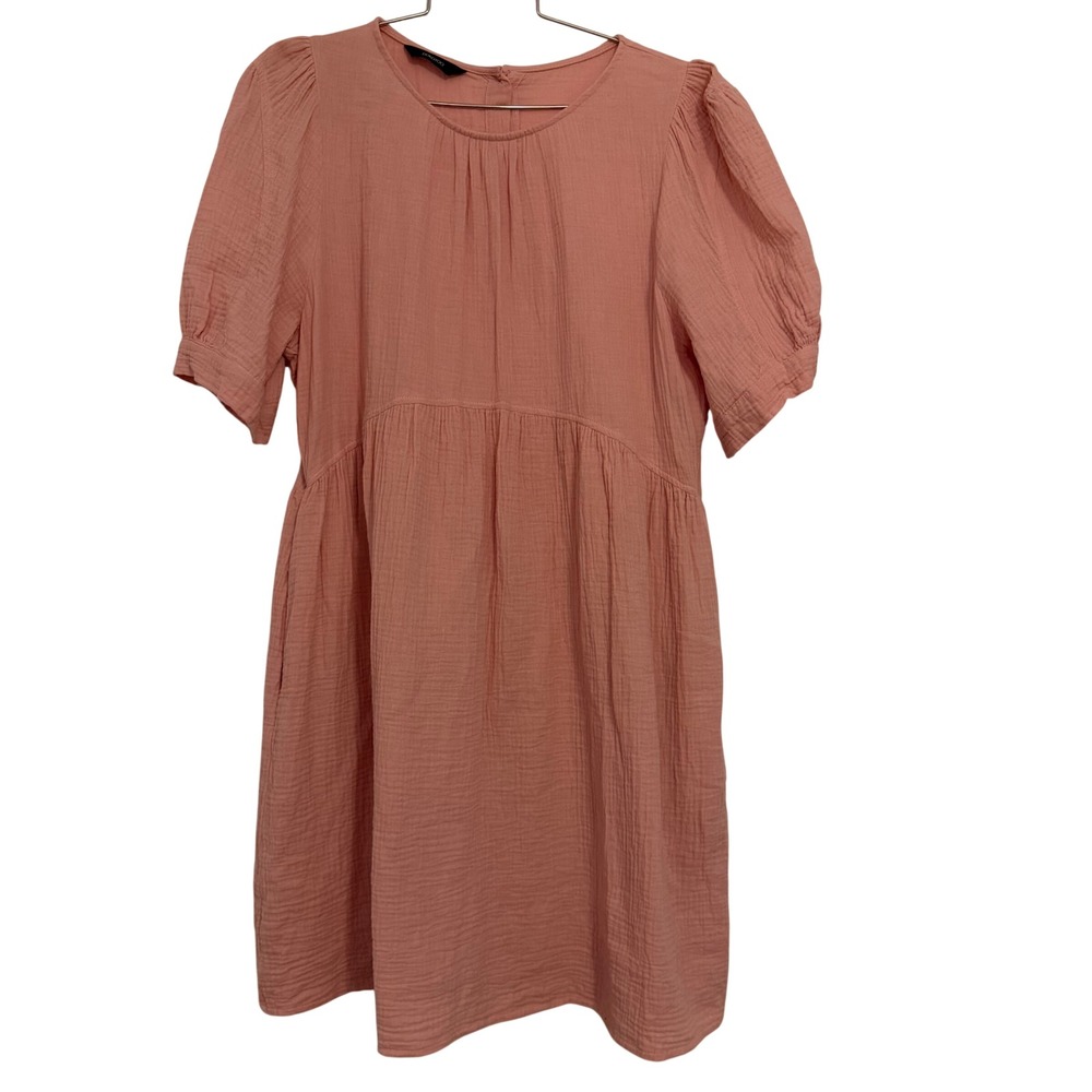Dokotoo‎ Pink Gauze Cotton Babydoll Dress Short Sleeve Button Back Mini Size L